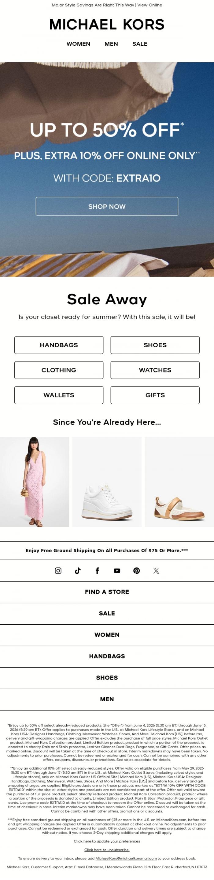 Email Design Inspiration from Michael Kors, Get Ready For Summer With Up To 50% Off