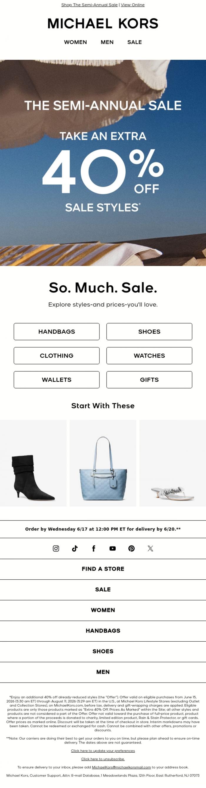Email Design Inspiration from Michael Kors, Sale Has Landed! ⭐ Extra 40% Off Is Yours