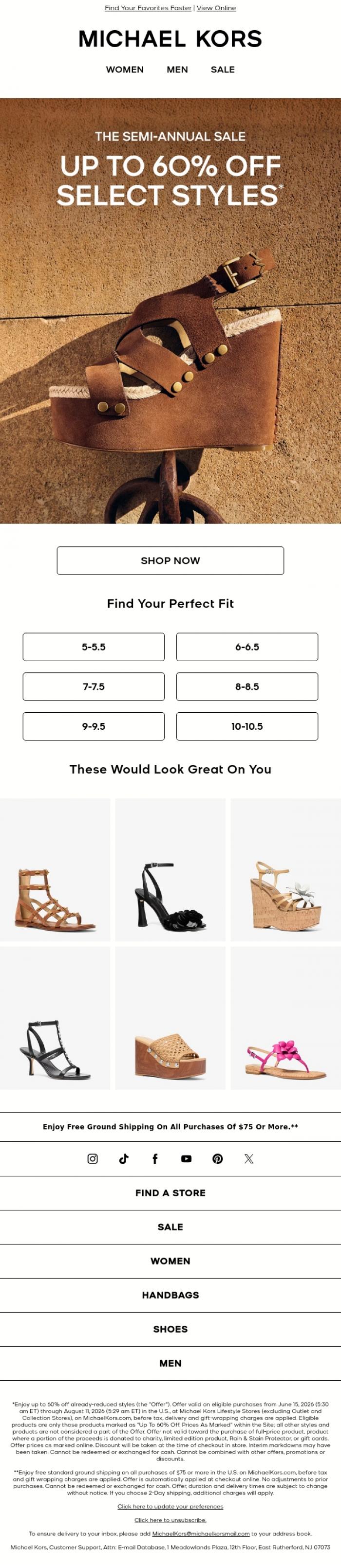 Email Design Inspiration from Michael Kors, Sale Styles In Just Your Size