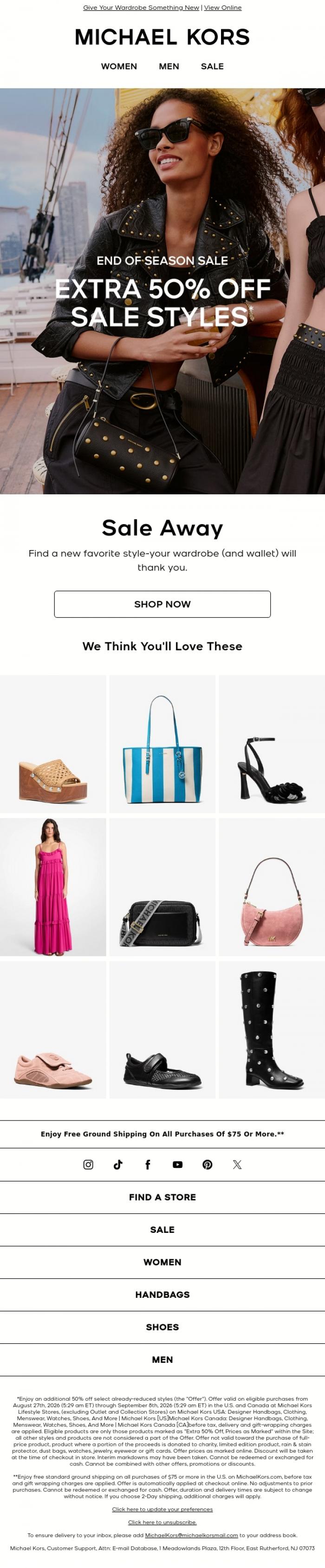 Email Design Inspiration from Michael Kors, Extra 50% Off Is All Yours