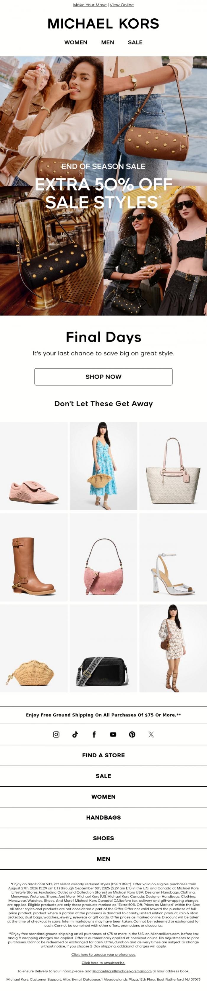 Email Design Inspiration from Michael Kors, Extra 50% Off Is On Its Way Out