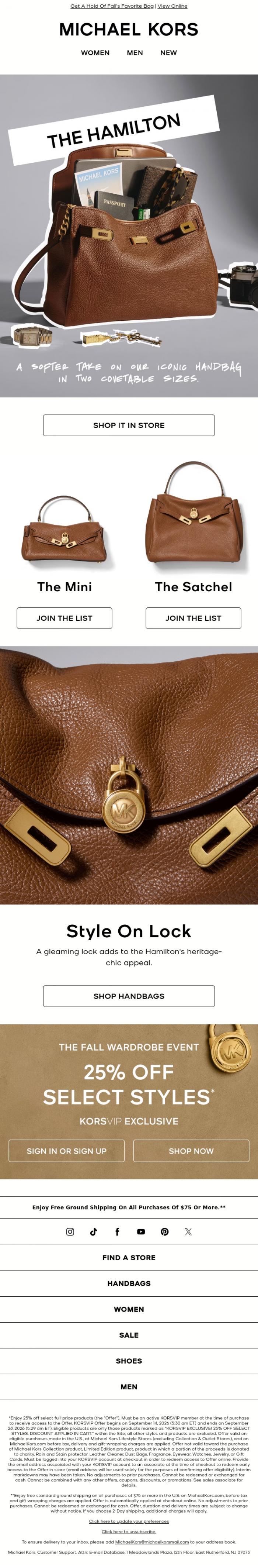 Email Design Inspiration from Michael Kors, Shop The Sold-Out Hamilton, Now Available In Store