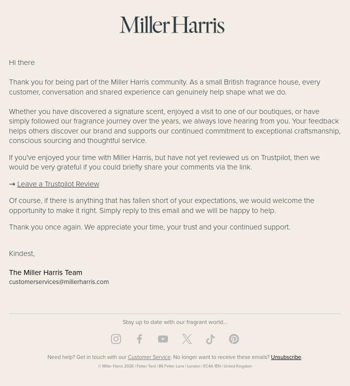 Email Design Inspiration from Miller Harris, We'd love to hear from you