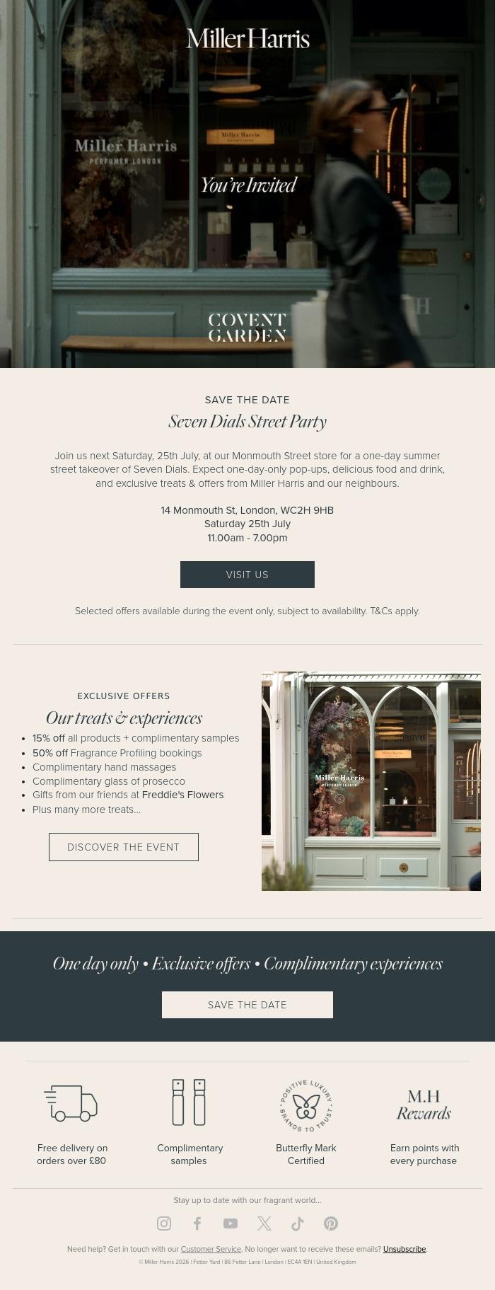 Email Design Inspiration from Miller Harris, You're Invited: Summer Street Party