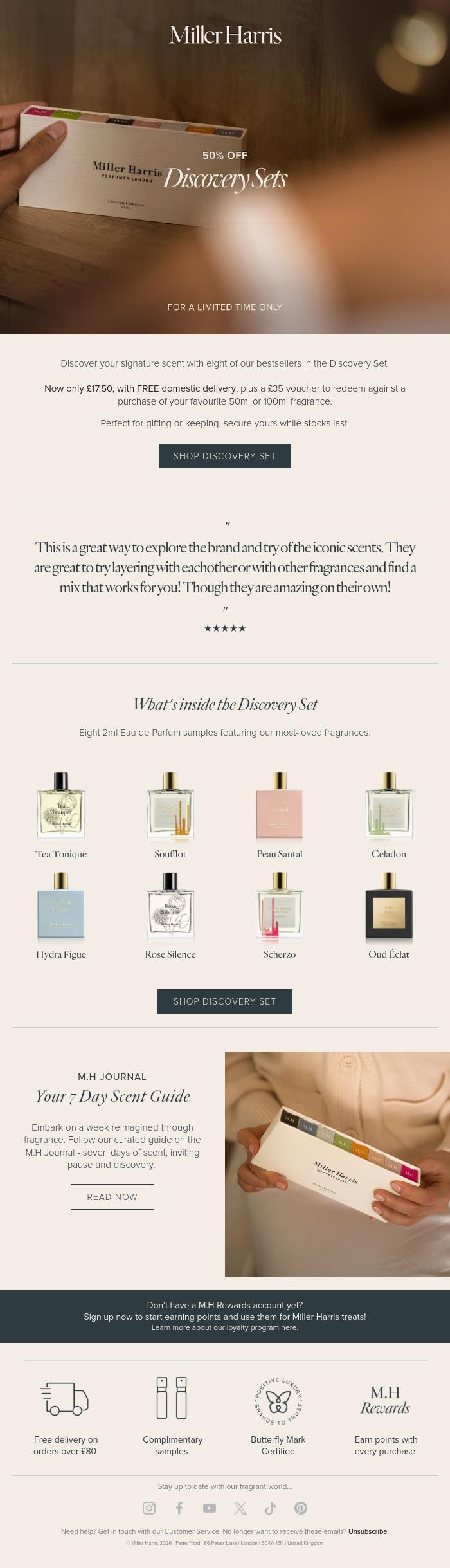 Email Design Inspiration from Miller Harris, Limited Offer: 50% Off Discovery Sets