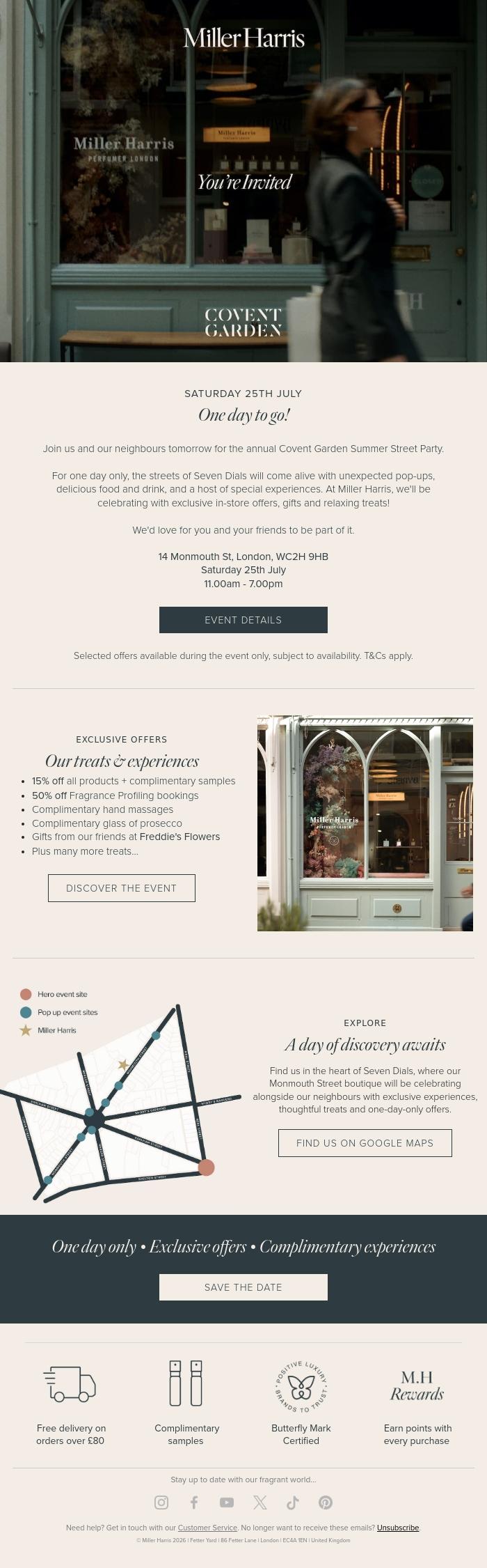 Email Design Inspiration from Miller Harris, Will we see you in Seven Dials tomorrow?
