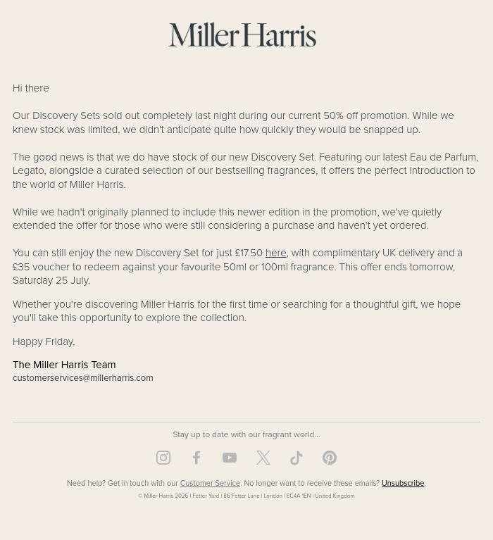 Email Design Inspiration from Miller Harris, Our Discovery Set sold out sooner than expected