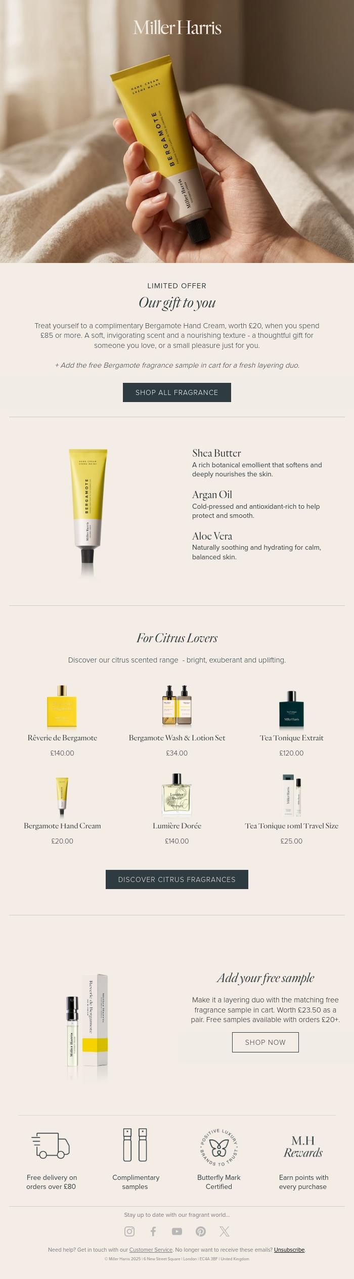Email Design Inspiration from Miller Harris, A gift to nourish your skin