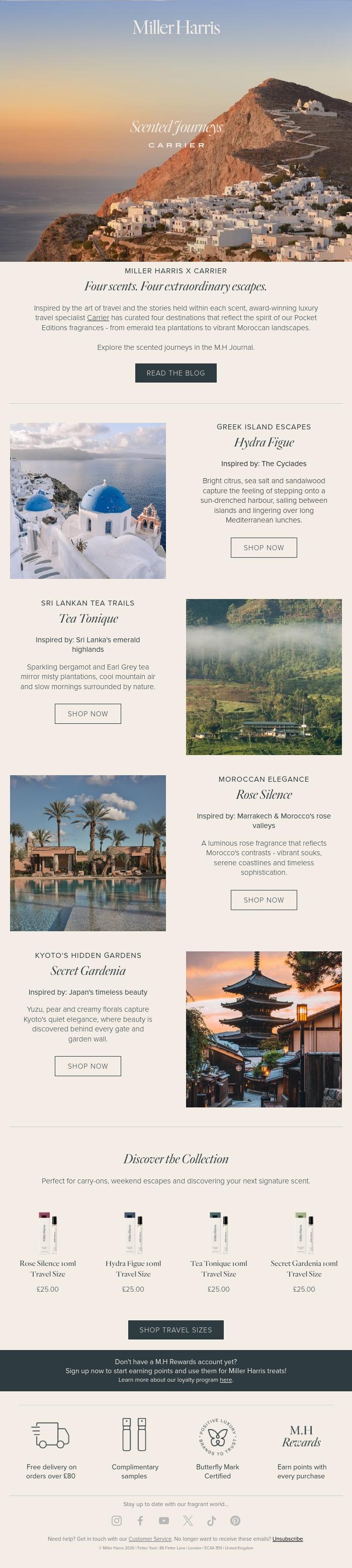 Email Design Inspiration from Miller Harris, A fragrance-inspired luxury travel guide