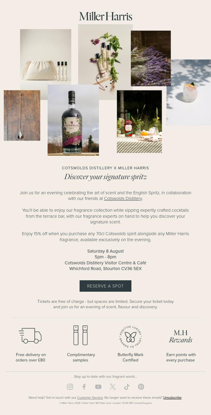 Email Design Inspiration from Miller Harris, You're Invited: A celebration of the English Spritz