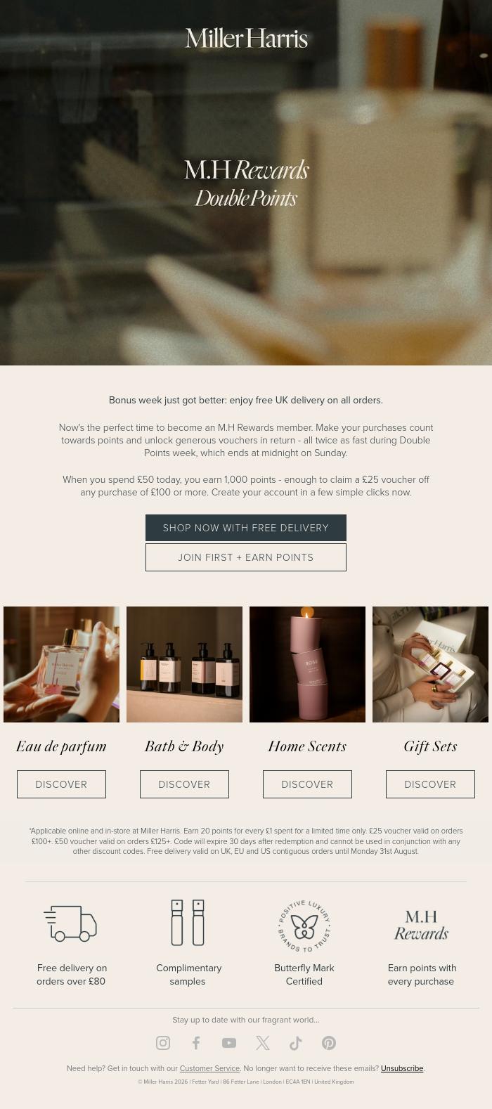 Email Design Inspiration from Miller Harris, Free Delivery Weekend &rarr;