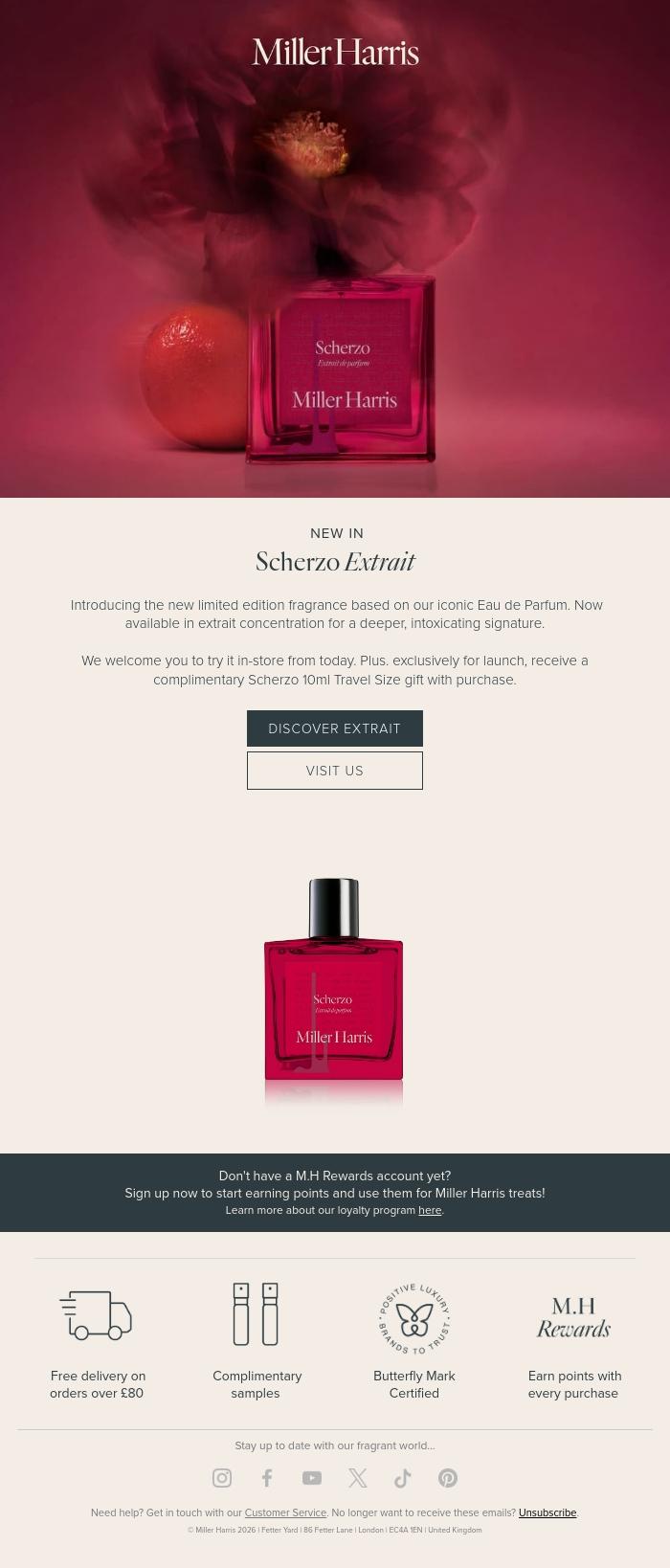 Email Design Inspiration from Miller Harris, Introducing Scherzo Extrait