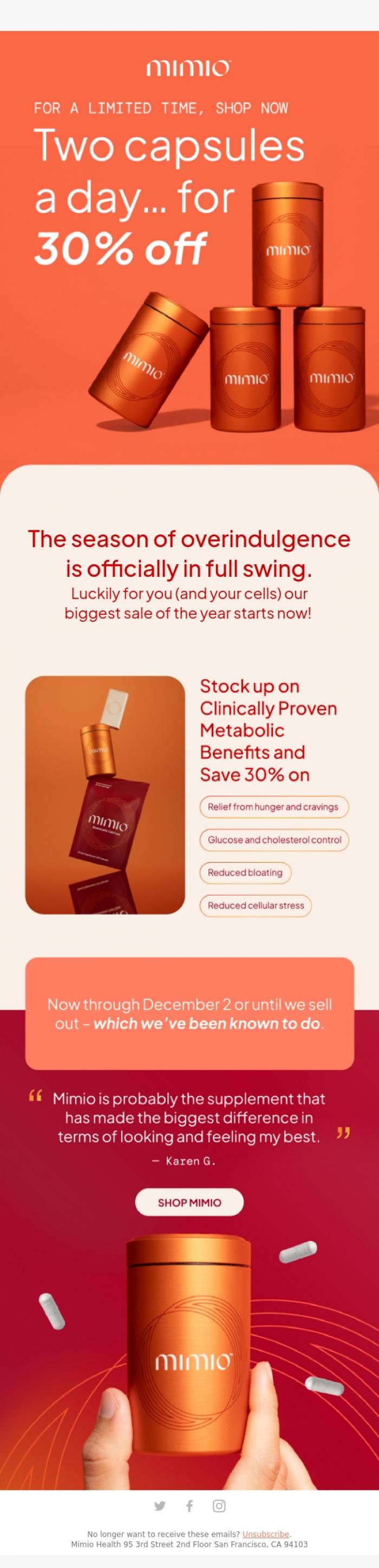 Email Design Inspiration from Mimio Health, Two capsules a day... for 30% off