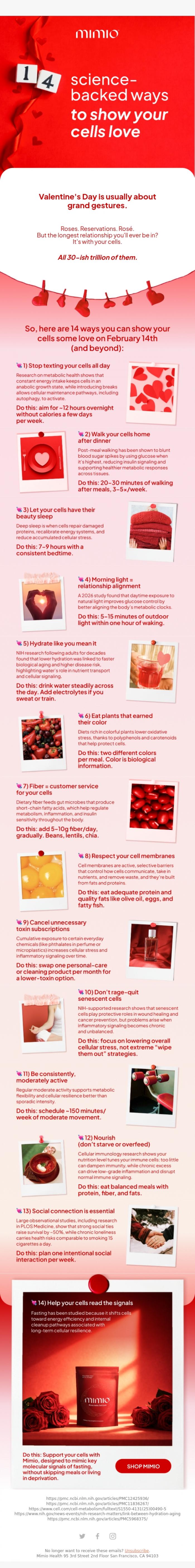 Email Design Inspiration from Mimio Health, 14 Feb = 14 ways to show your cells some love