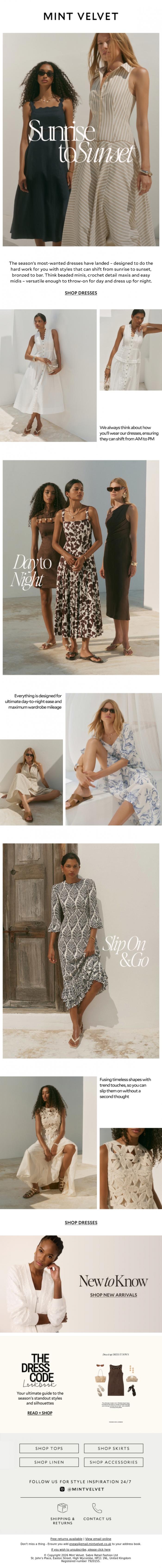Email Design Inspiration from Mint Velvet, Dresses for sunrise to sunset styling