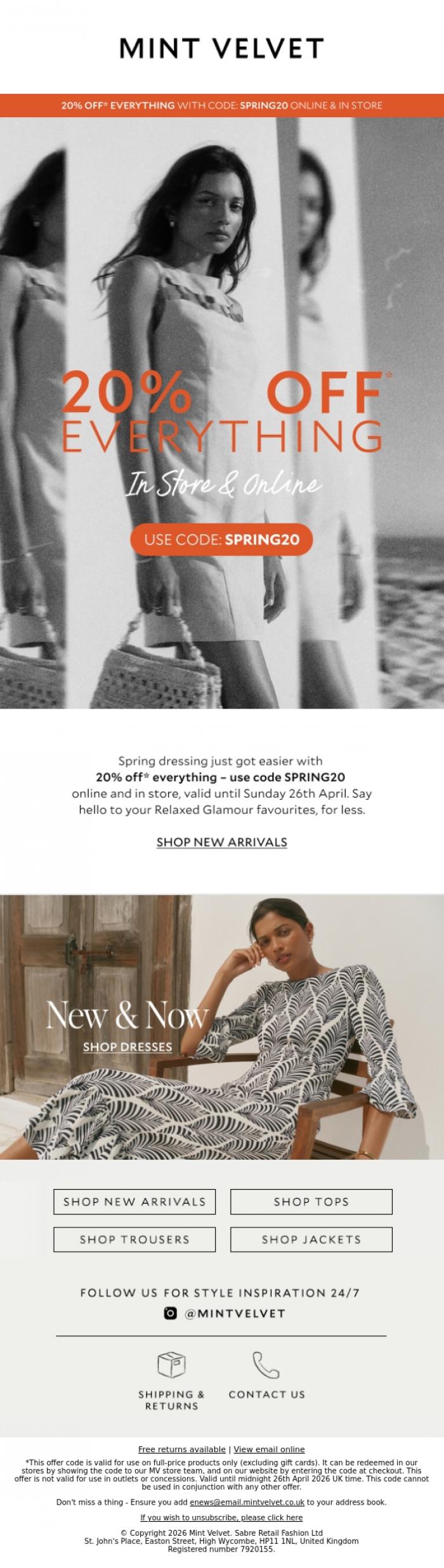 Email Design Inspiration from Mint Velvet, 20% off* everything online & in store