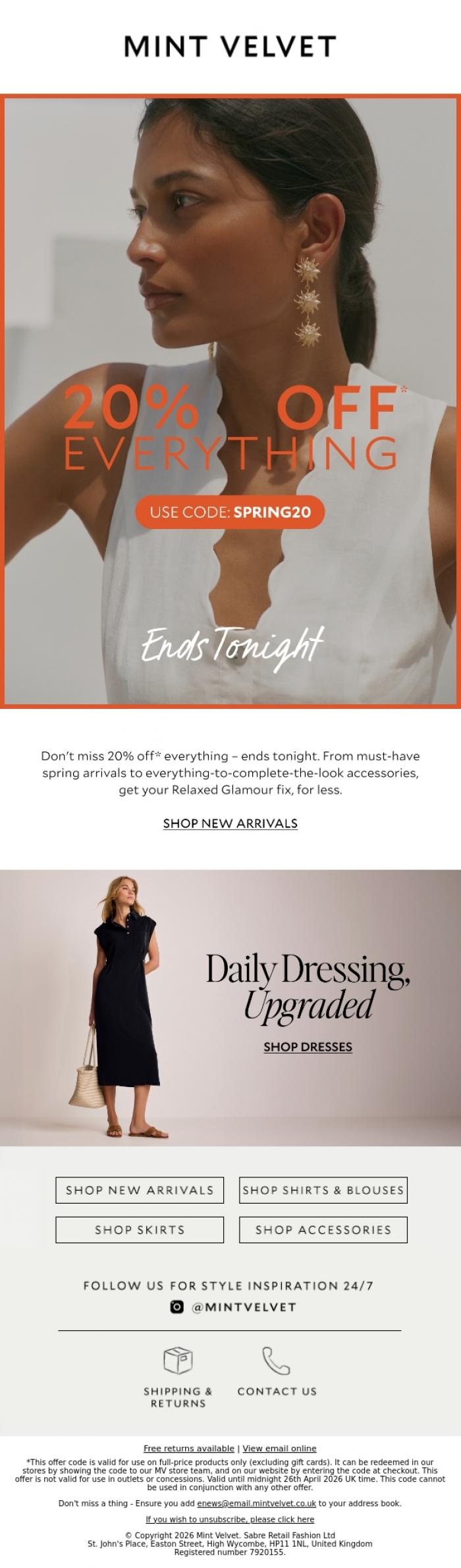 Email Design Inspiration from Mint Velvet, Last chance: 20% off* everything