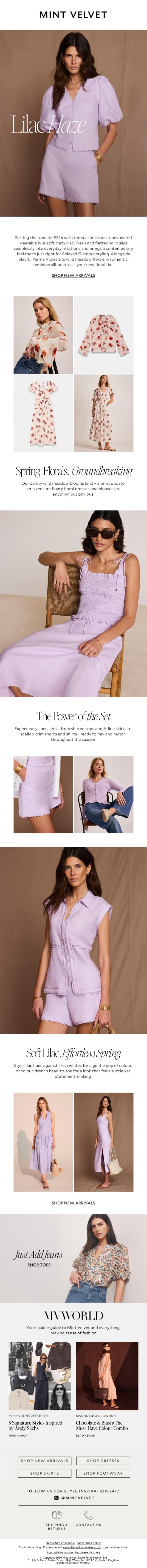 Email Design Inspiration from Mint Velvet, Lilac linen, floral dresses and more