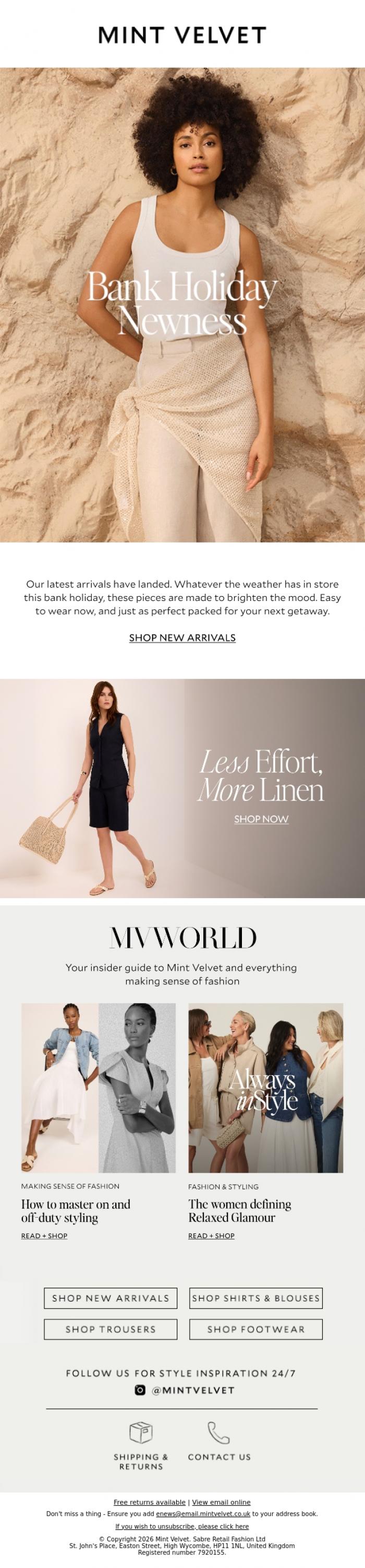 Email Design Inspiration from Mint Velvet, Bank holiday newness