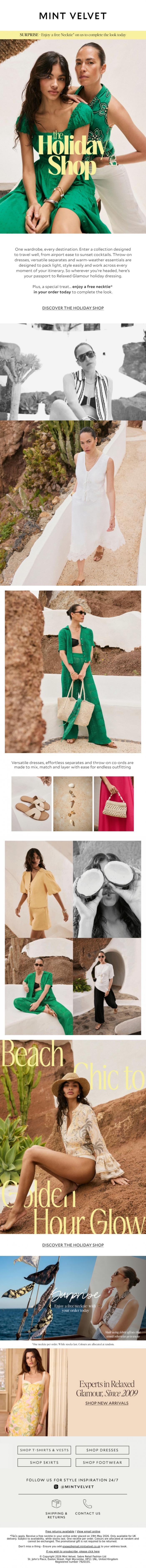 Email Design Inspiration from Mint Velvet, Get heatwave ready with the Holiday Shop, plus - a free gift* with every order