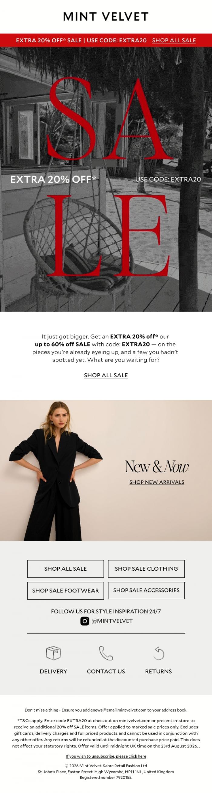 Email Design Inspiration from Mint Velvet, Extra 20% off SALE with code: EXTRA20