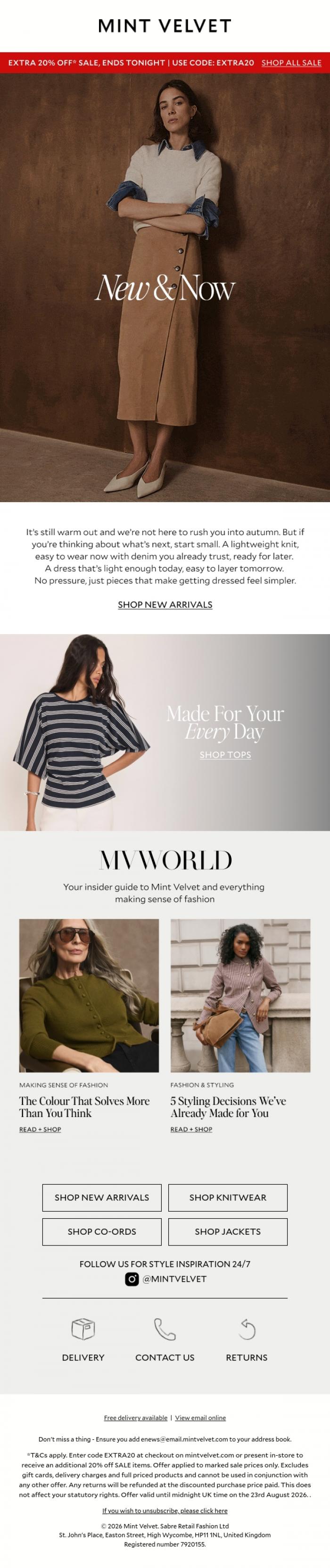Email Design Inspiration from Mint Velvet, New in + last chance to get EXTRA 20% off* SALE