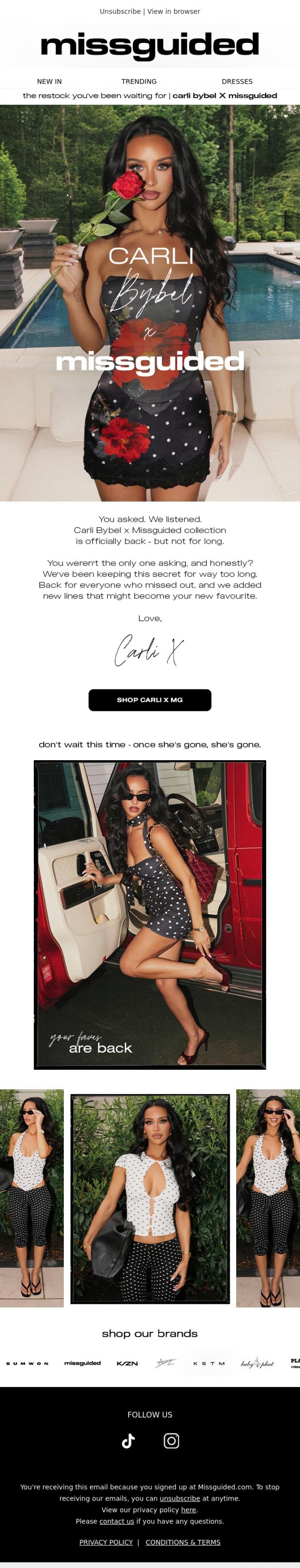 Email Design Inspiration from MISSGUIDED, The wait is over 💕&nbsp;Carli Bybel x Missguided is back! 