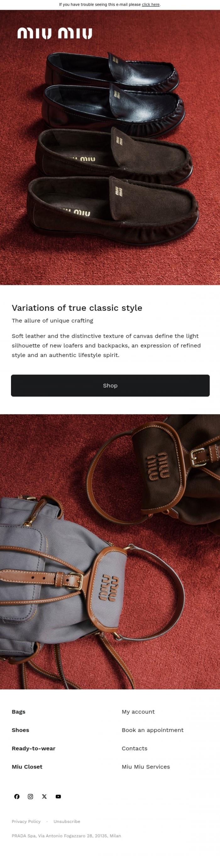 Email Design Inspiration from Miu Miu, Variations of True Classic Style