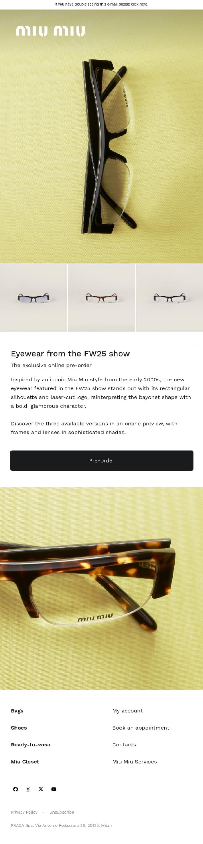 Email Design Inspiration from Miu Miu, Pre-order Eyewear from the FW25 Show
