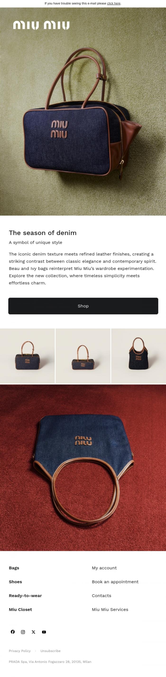 Email Design Inspiration from Miu Miu, Iconic Denim Bags