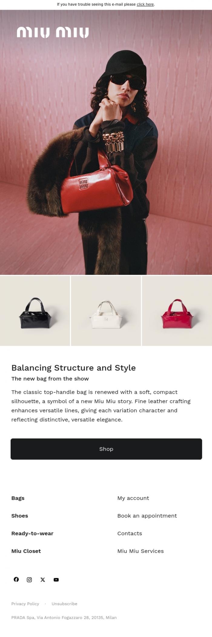 Email Design Inspiration from Miu Miu, Balancing Structure and Style: the new Top-Handle Bag