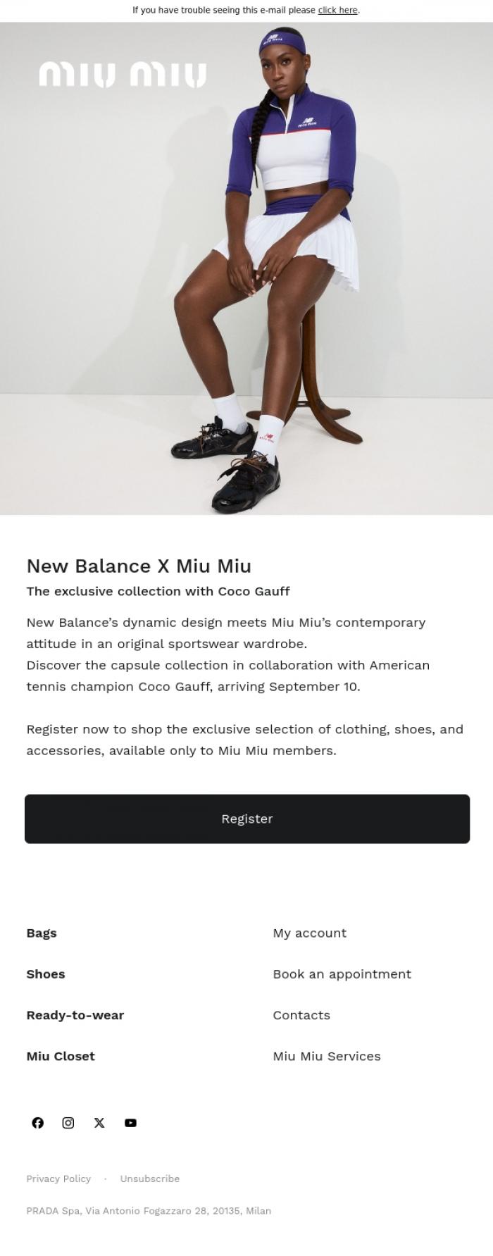 Email Design Inspiration from Miu Miu, New Balance X Miu Miu with Coco Gauff
