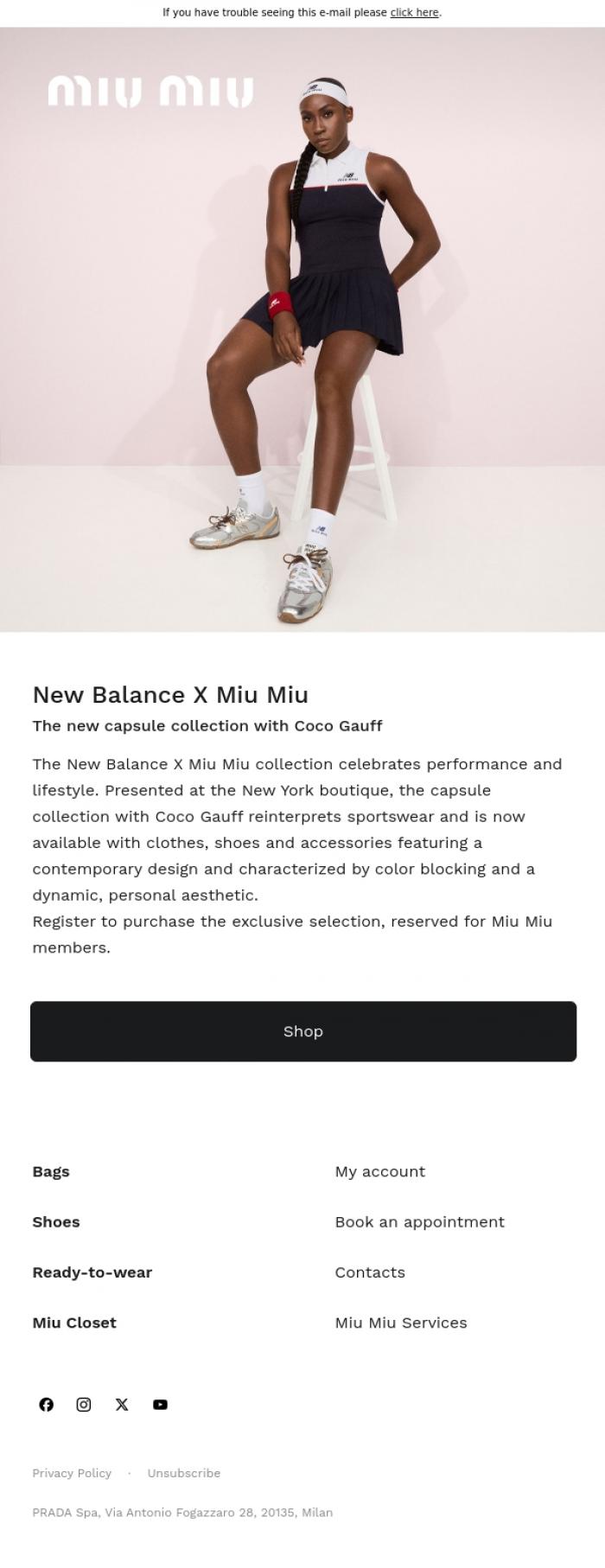 Email Design Inspiration from Miu Miu, New Balance X Miu Miu with Coco Gauff