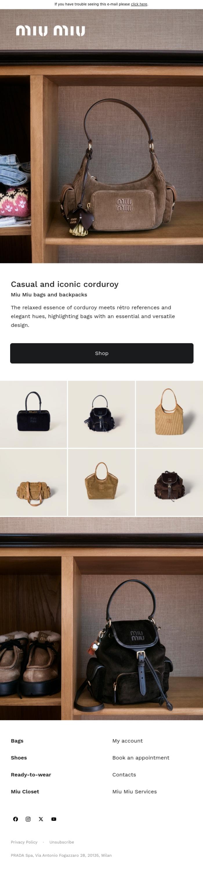 Email Design Inspiration from Miu Miu, Casual and Iconic Corduroy