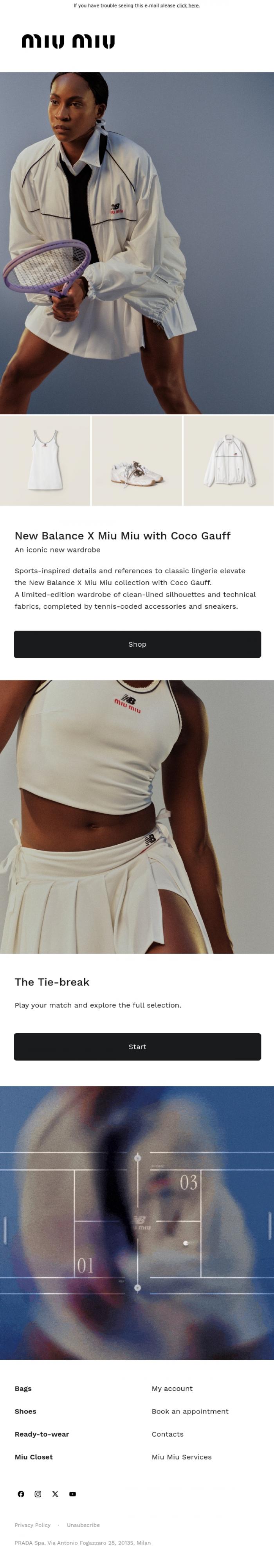 Email Design Inspiration from Miu Miu, New Balance X Miu Miu with Coco Gauff