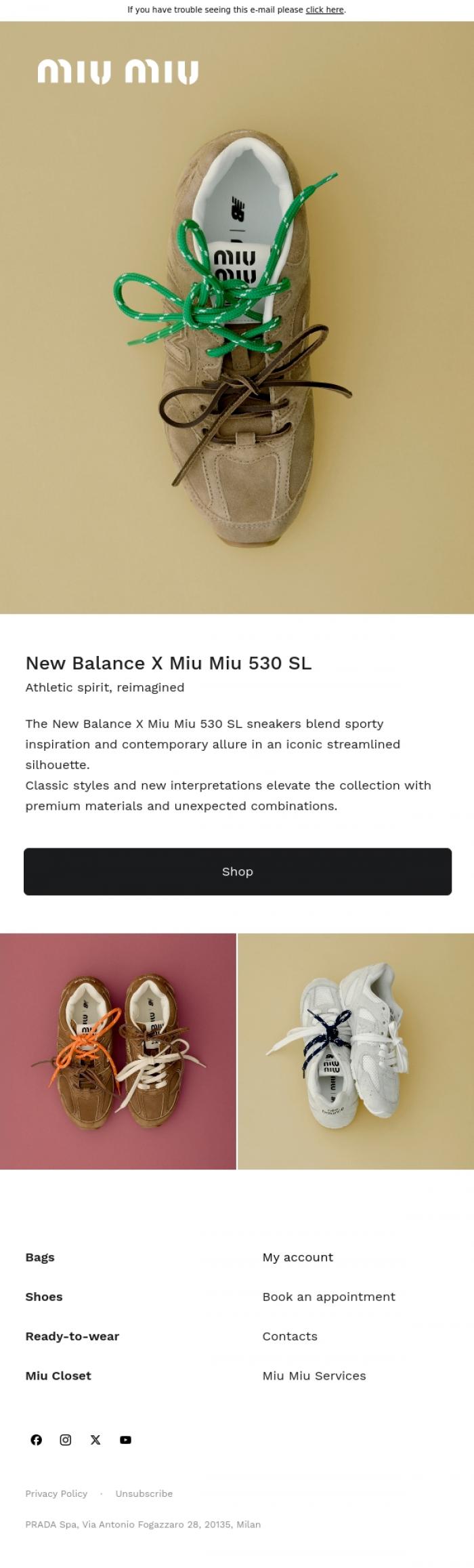 Email Design Inspiration from Miu Miu, New Balance X Miu Miu Sneakers
