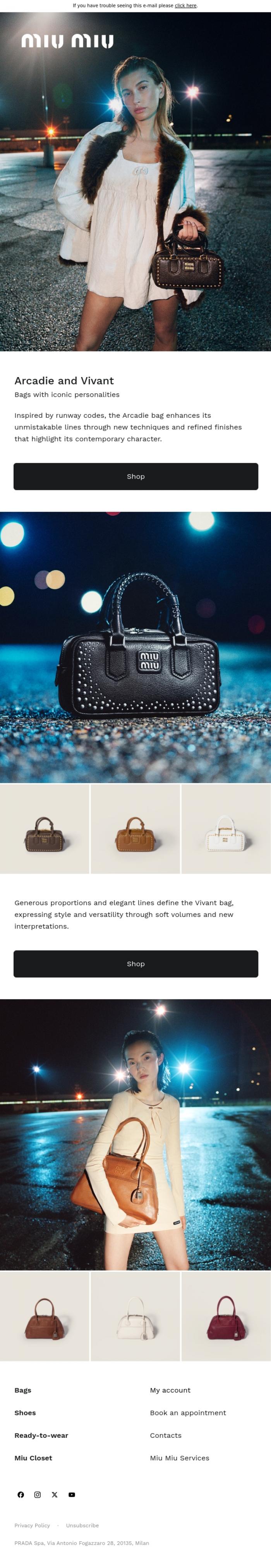 Email Design Inspiration from Miu Miu, Arcadie and Vivant Bags