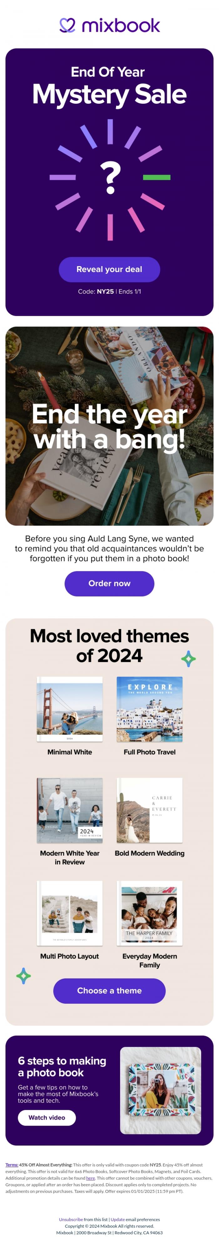 Email Design Inspiration from Mixbook, It's our last Mystery Sale of the year 🍾