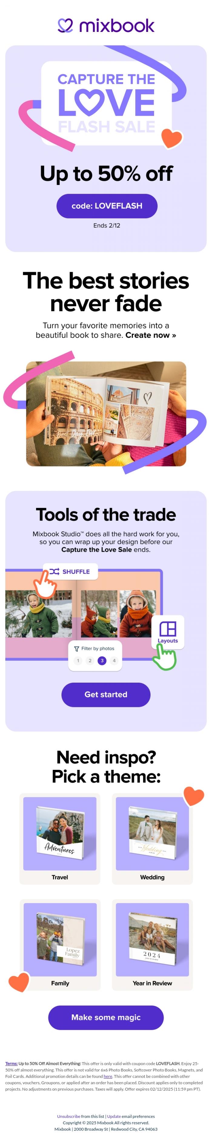 Email Design Inspiration from Mixbook, Up to 50% off ends tonight! ⏳