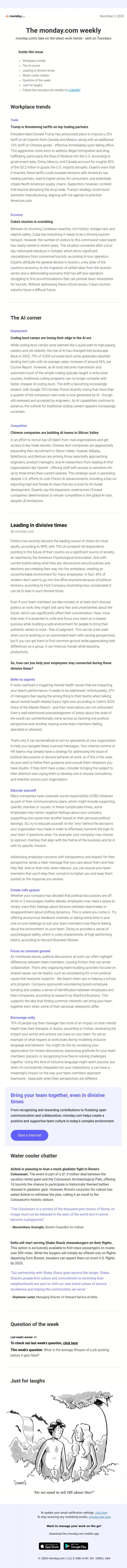 Email Design Inspiration from monday.com, Leading in divisive times