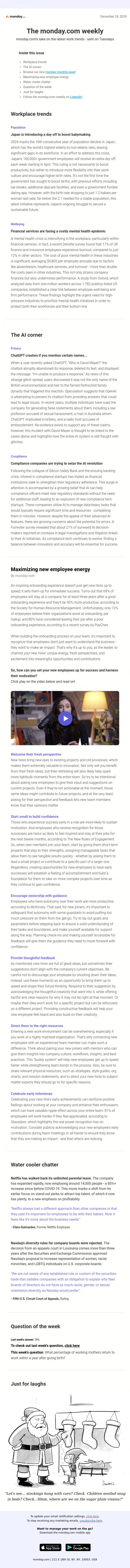 Email Design Inspiration from monday.com, Maximizing new employee energy
