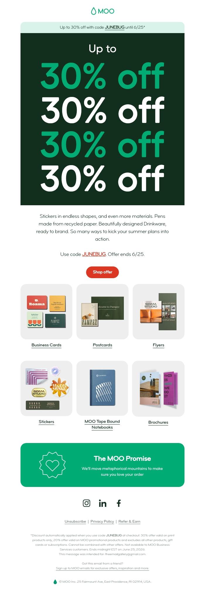 Email Design Inspiration from MOO, 30% off print, 20% off merch 🤩