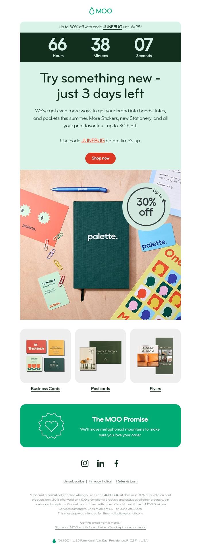 Email Design Inspiration from MOO, Up to 30% off - 3 days left ⏱️