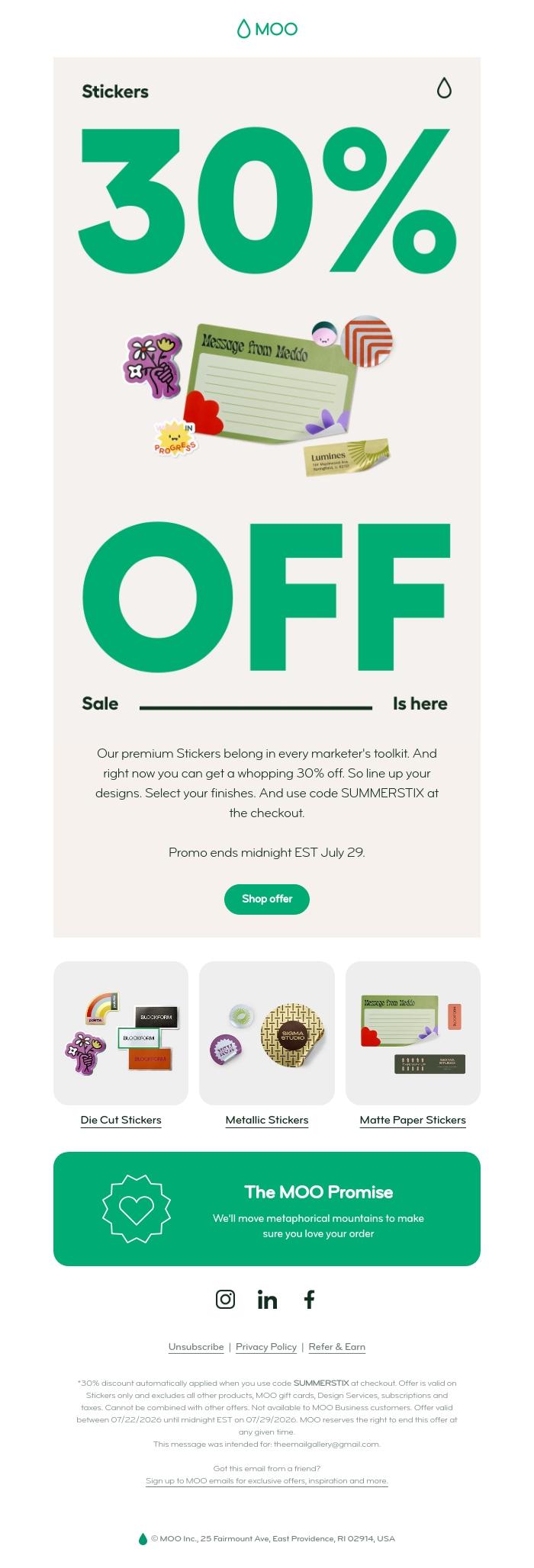 Email Design Inspiration from MOO, 💥 30% off Stickers starts now