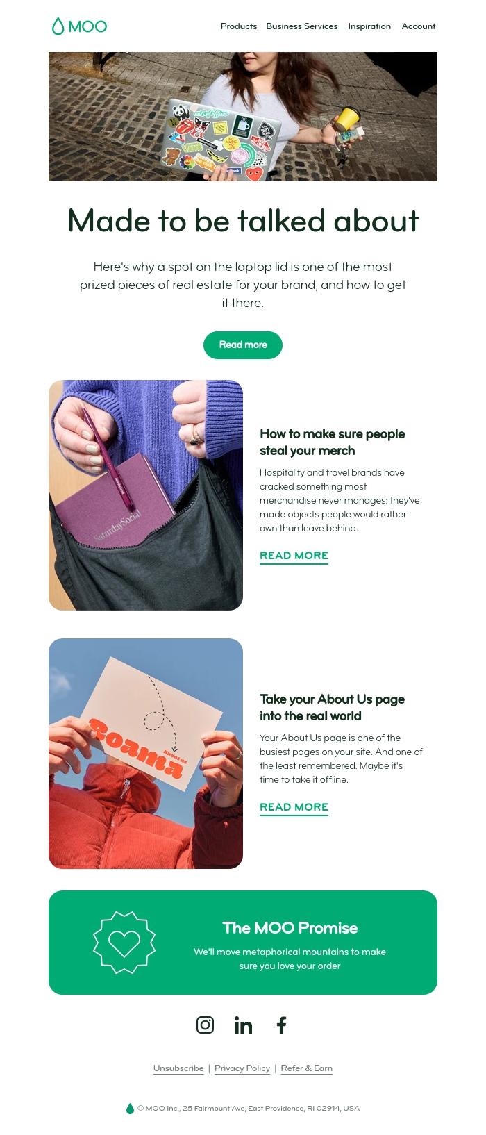 Email Design Inspiration from MOO, How to make people steal your merch