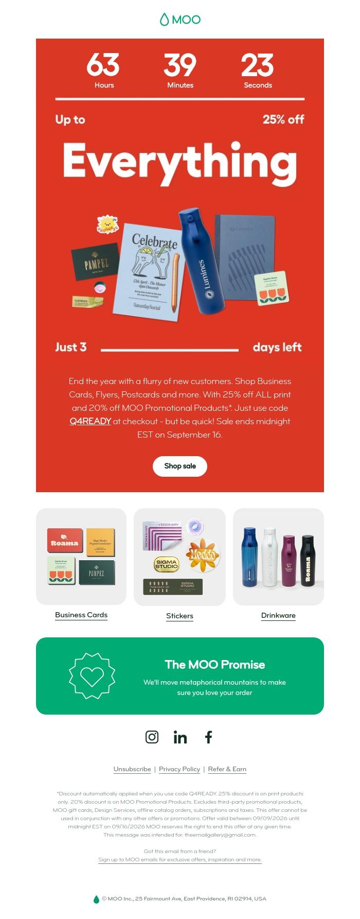 Email Design Inspiration from MOO, 🚨 Up to 25% off, for 3 more days 🚨
