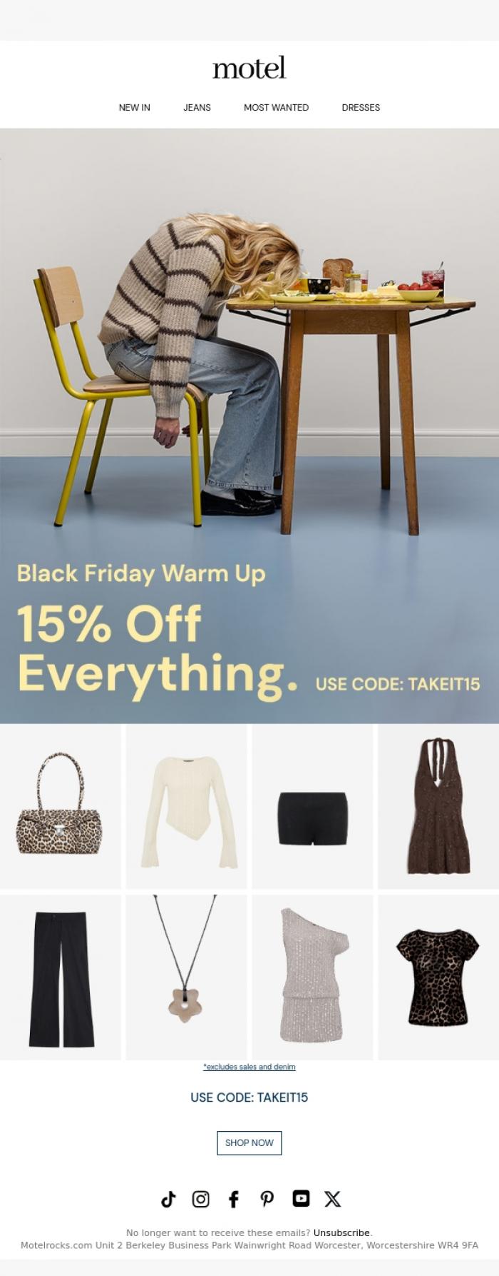 Email Design Inspiration from MOTEL, 15% Off Everything