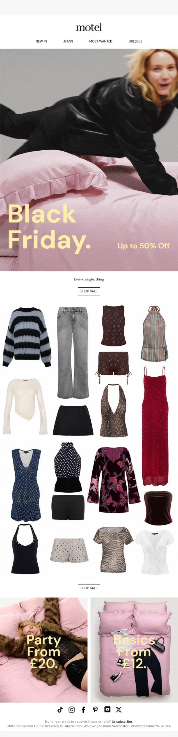 Email Design Inspiration from MOTEL, Black Friday. up to 50% off