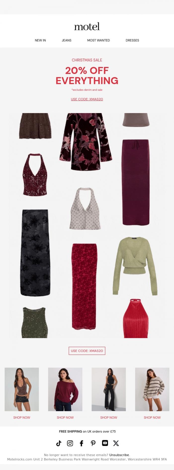 Email Design Inspiration from MOTEL, Christmas Sale - Gift Yourself 20% Off