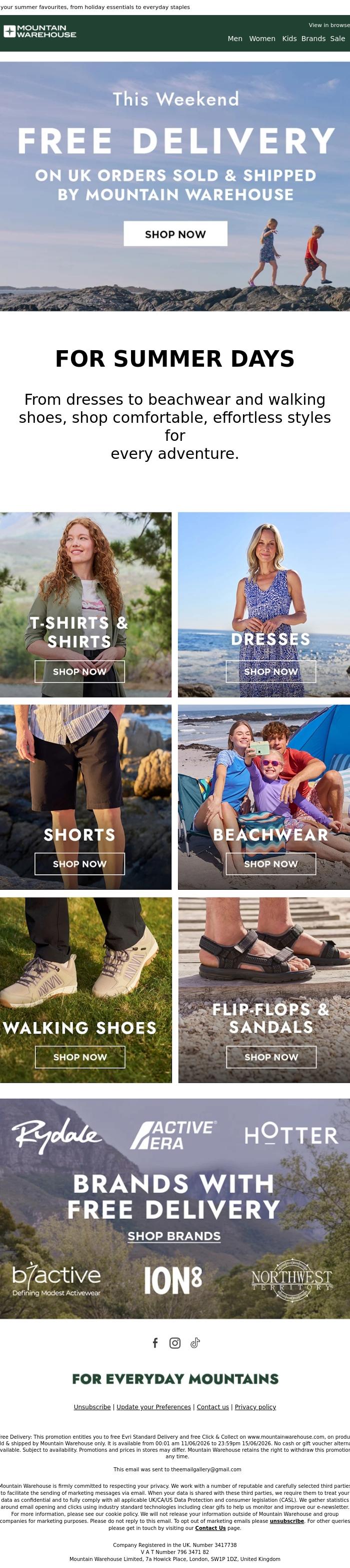 Email Design Inspiration from Mountain Warehouse, Gear Up for Summer with Free Delivery ☀️